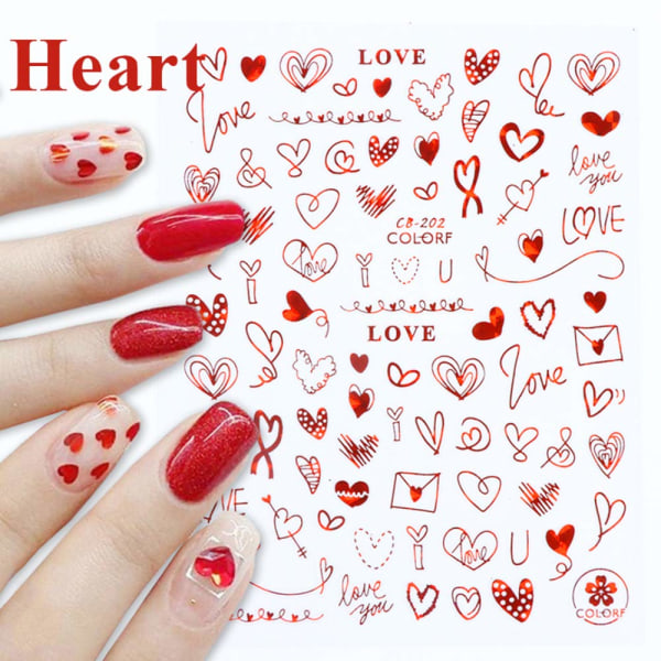Nagelklistermärken 3D Metallic Röda Nail Art Dekaler Love Heart Kiss