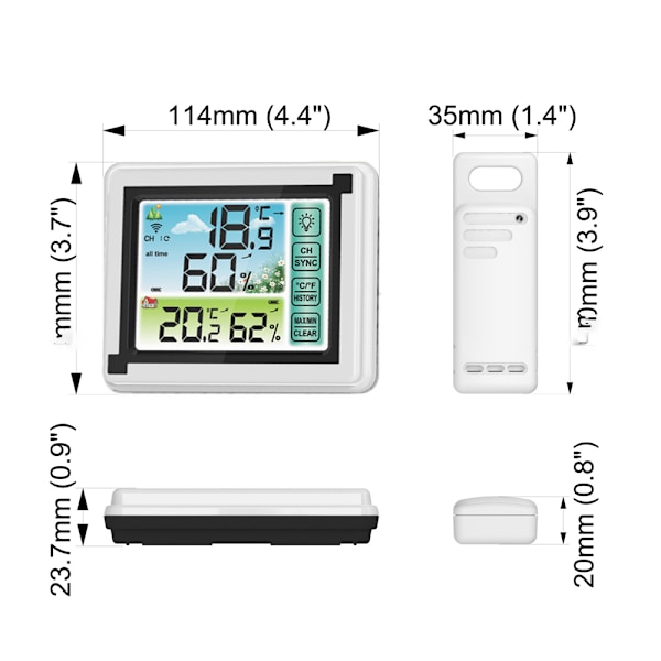 Digital hygrometer med pekskärm för hemmakontor, inomhustermometer med trådlös överföring och väderprognos, stor monokrom display med