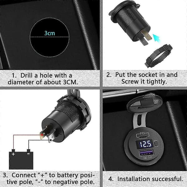 Bil USB-lader Hurtiglading Qc 3.0 & Pd USB-lader Socket Adapter Med Bryter Voltmeter For Lastebil