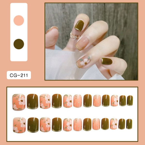 Fyrkantig tryck på naglar Gröna falska naglar Korta lösnaglar Cover naglar för kvinnor och flickor