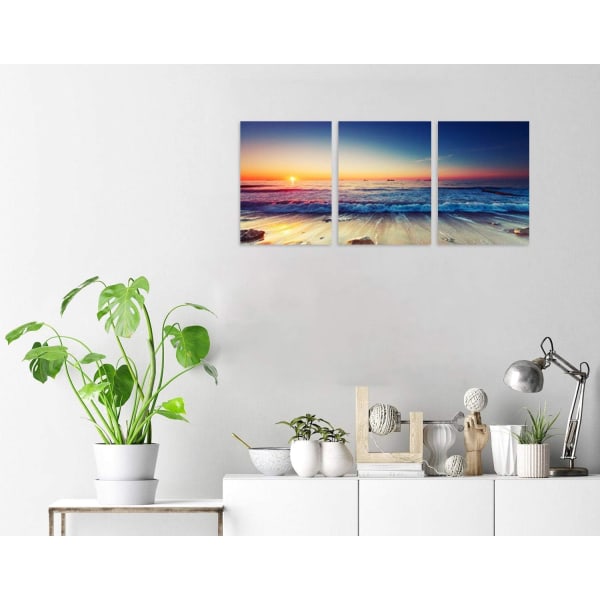 3 Panel Beach Canvas Wall Art för Heminredning Blå Hav Solnedgång Whi