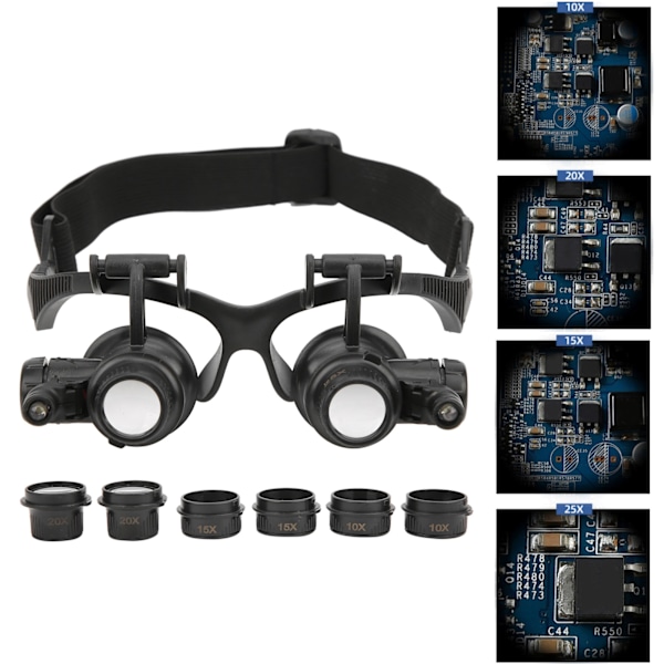 Smyckesförstoringsglas med 2 LED-lampor, 8 utbytbara linser, 10X 15X 20X 25X