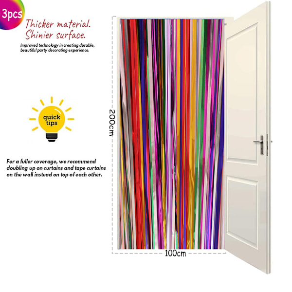 3 stk. Regnbuefolie Frynseforhæng, Tie Dye Glitrende Metal
