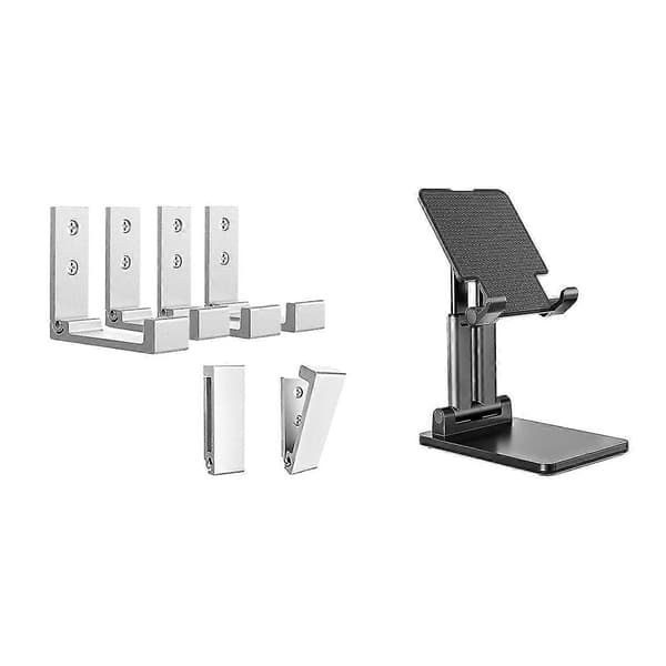 6 stk. foldbare kroge i legering til vægmontering, mobiltelefonbeslag og 1 stk. dobbeltpolet foldbart tabletstativ