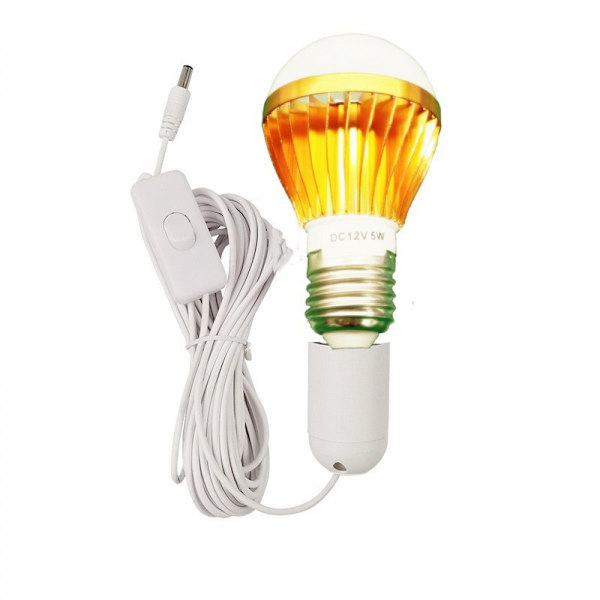 E27 Spiral LED-sollampa, vit, för campingtält, 12 V, 5 W, med 3 meter DC-kabel