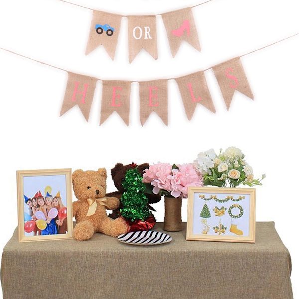Hjul eller Hæl Banner Farverigt Flag Banner Babyshower Nyfødt, Hjul Hæl Halefinne Banner Burlap Snore Banner Høj Densitet Syet Kant Burlap Træk Banner