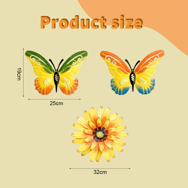 Metallblommväggdekoration och fjärilsväggkonst, 3 delar