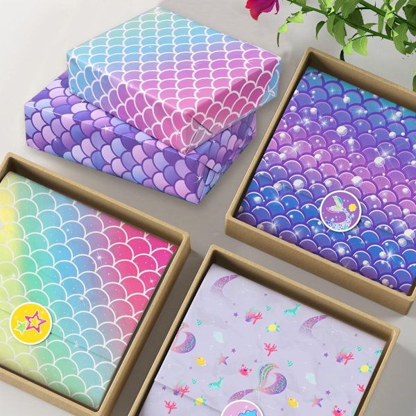 12 stycken sjöjungfru presentpapper - rosa*2+regnbåge*2+havsblå*2+lila*2