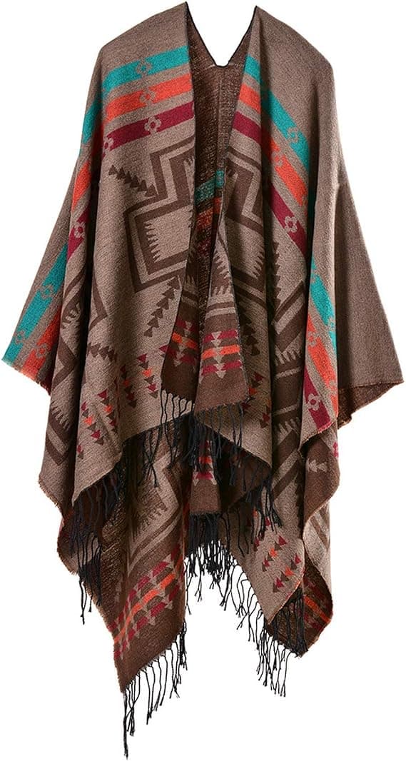 Kashmirponcho i kaffe med blommönster och fransade fållar