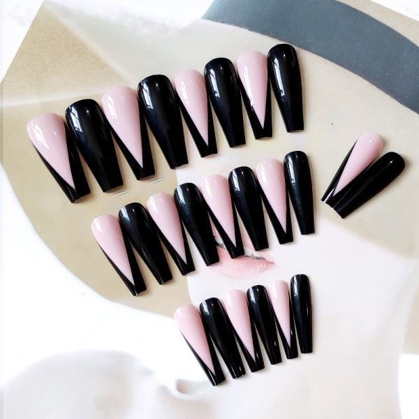 Falske Negle Store V-Form Ekstra Lange Kiste Franske Neglekunst Tips Foruddesignede Sorte Glatte Manicure Tips 24stk