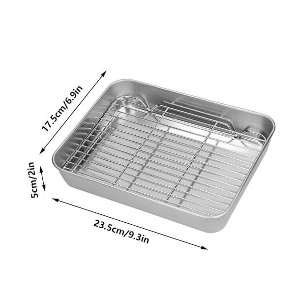 Stekepanne og ristsett i rustfritt stål, lett å rengjøre, rektangulær stekepanne med rist for matlaging og baking, 23,5x17,5x5 cm