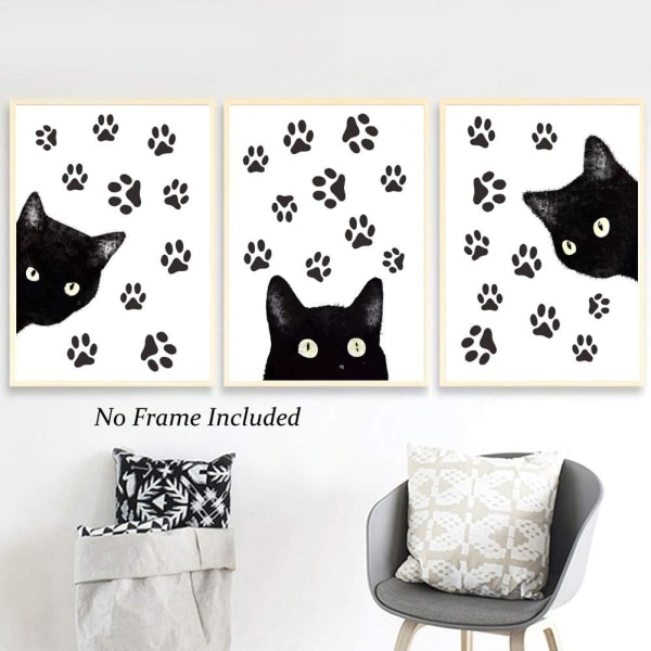 Set med 3 djurkattväggkonsttryck, rolig affisch med svart katt en