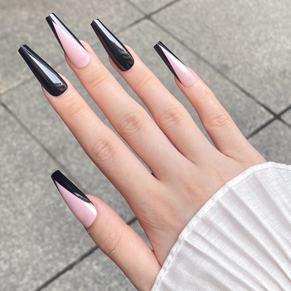 Falske Negle Store V-Form Ekstra Lange Kiste Franske Neglekunst Tips Foruddesignede Sorte Glatte Manicure Tips 24stk