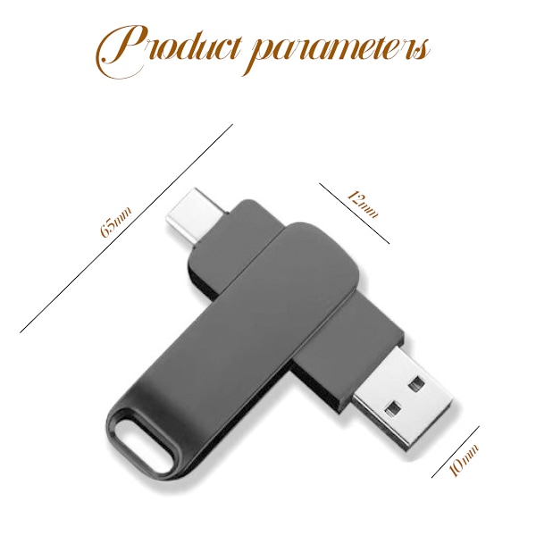 Puhelinmuistitikku USB 3.0 Type C 2-in-1 Metalli Kääntyvä Kannettava Flash-asema Tableteille Kuvien Tallennukseen Musta 128 Gt