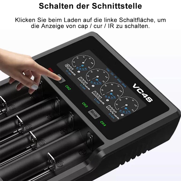 VC4S Batterilader 4 Slots Li-ion Hurtiglader med 18W Væglader Max 3A til 10440 16340 18650 20700 21700 32650 AAA /AA/ C Batterilader