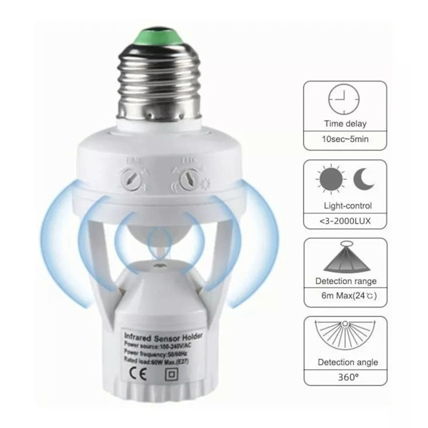 100‑240V E27 Sensorlys Sokkel 10‑300 Sekunders Forsinkelsestid 6m Sensing Distance IR Bevægelsesaktiveret Lampe Pæreholder Adapter
