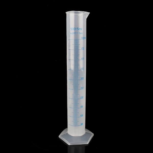 Mångsidig graderad cylinder i plast, idealisk för laboratorietester och hushållsbruk, bred kant underlättar enkel påfyllning (500 ml)