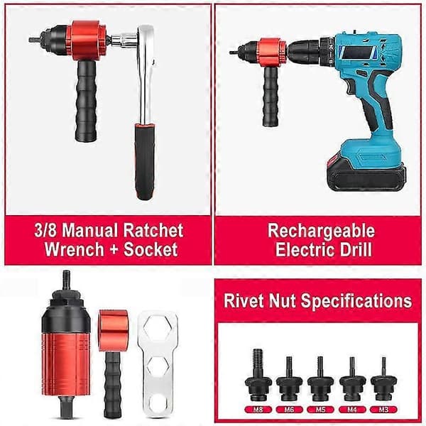 Rivetmutterverktøysett Riveting M3-m8 Trådløs Rivet Drill Elektrisk Adapter Innsettingsmutterverktøy Brukt I Mann