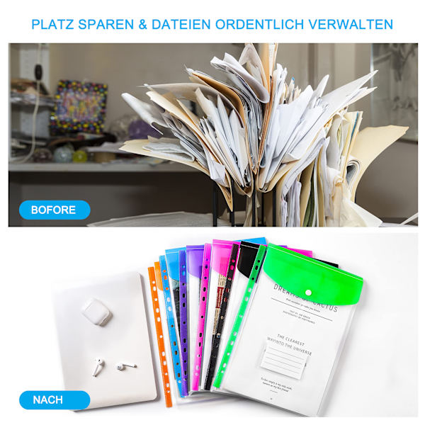 A4 Dokumentmappe, Pakke med 12, Premium Transparent Dokumentmappe, Plastik med Trykknap, Udvidbar Vandafvisende Dokumentmappe, 6 Farver