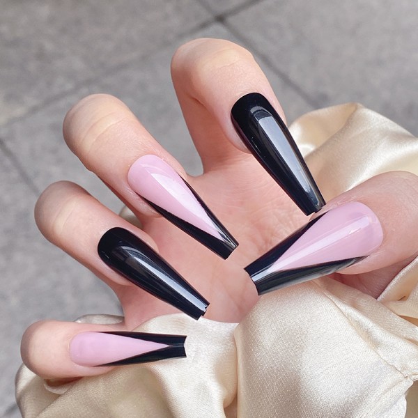 Falske Negle Store V-Form Ekstra Lange Kiste Franske Neglekunst Tips Foruddesignede Sorte Glatte Manicure Tips 24stk