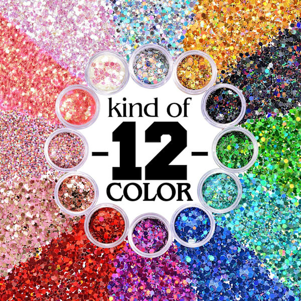 Holografinen Paksu Glitter 12 Väriä Yhteensä 120g Kasvoille, Keholle, Silmille, Hiuksille, Kynsiin, Festivaaleille Paksu Holografinen Glitter Eri Kokoja, Tähtiä ja Kuusikulmioita