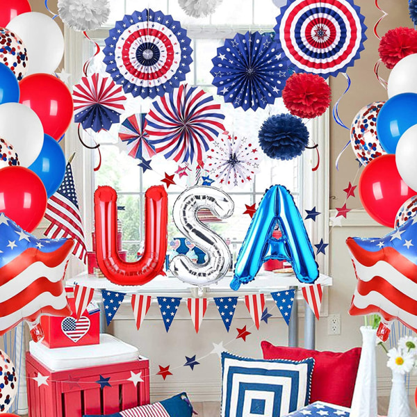 4 juli patriotiska festdekorationer set, USA vimplar