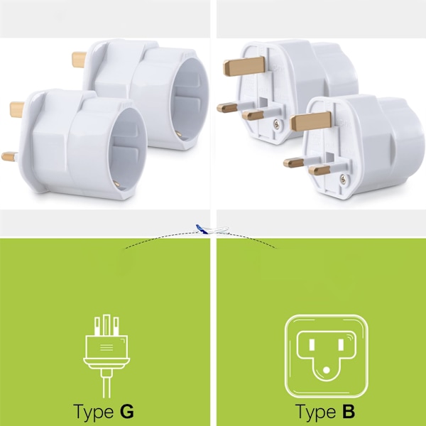EU-standard til britisk standard støpsel adapter, sett med 2 stk