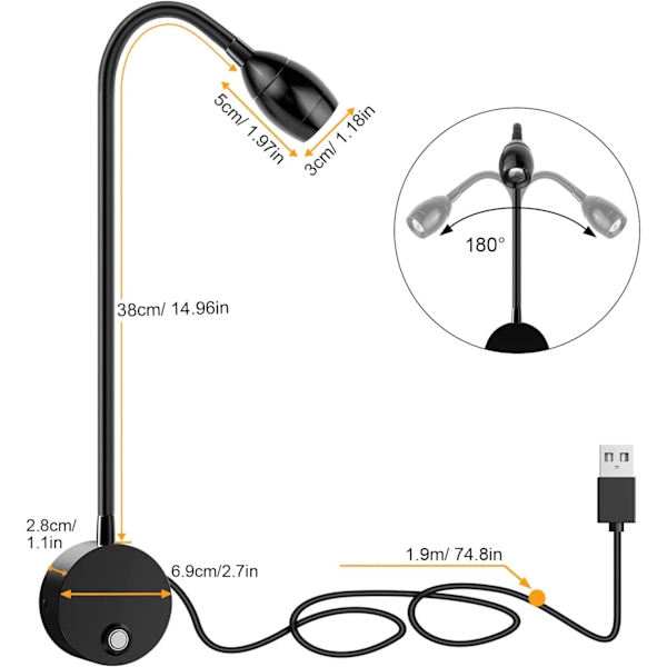 Tålig LED-läsvägglampa med metallkropp, Innovativ design justerbar färgtemperatur för sovrum, kontor, barnrum (360°, 38cm flexibel