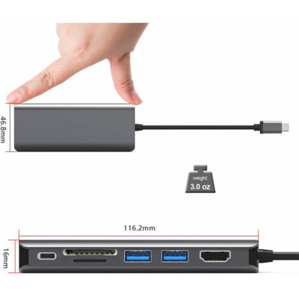 Hubb USB C MacBook Pro/Air, 7-i-1-adapter med 4K HDMI, 2 USB 3.0, SD/TF-kortläsare, USB C Multiport-hubb