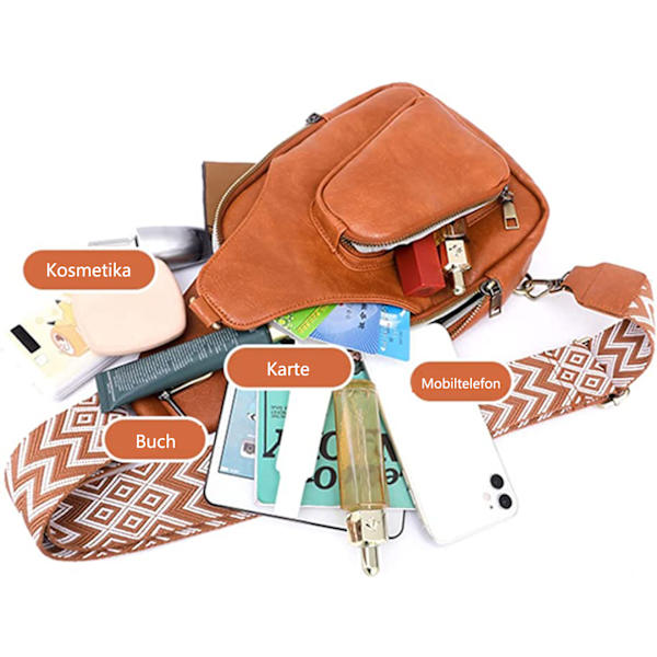 Slingväska för kvinnor Boho bröstväska, Crossbody-väska, bröstficka med bred rem för kvinnor, läder, liten axelväska med dragkedja och axelrem, för