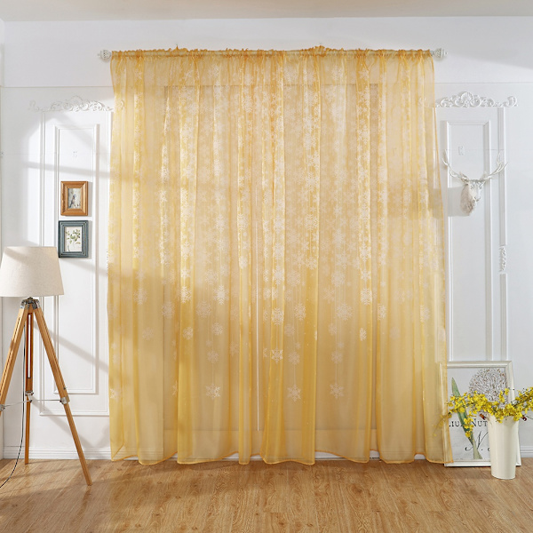 Gullgul Transparent Gardin med Snøflak-Mønster, Voile Sheer Panels for Soverom og Stue