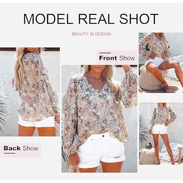 Dam Blus, Casual Boho Blommigt Tryck, V-ringad, Långärmad, Lös