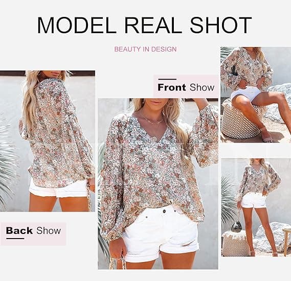 Kvindes Casual Boho Blomsterprint V-hals Langærmet Løse Bluser