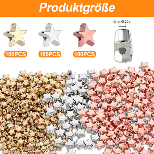 300 stjärnformade pärlor - röd koppar + vit K + KC guld