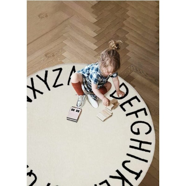 Halkfri Alfabetmatta, Mjuk och Bekväm Tvättbar Matta, 120 cm Diameter, Pedagogiskt Verktyg för Barns Lekrum Sovrum, Hudvänlig Naturlig Bomull
