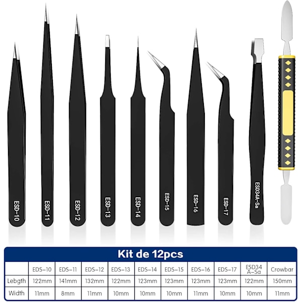Pincet sæt, 10 stk. præcisions antistatiske rustfrit stål pincet værktøj