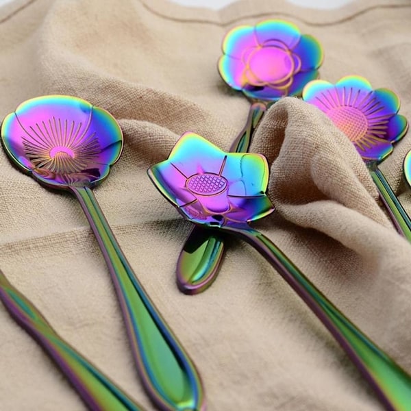 Färgglatt Mini Bestick Blomsked Set, Kreativ Design Blandningssked Rostfritt Stål Portabel Lättviktig För Kaffe Te Blandning, Idealisk Gåva För Hemmet