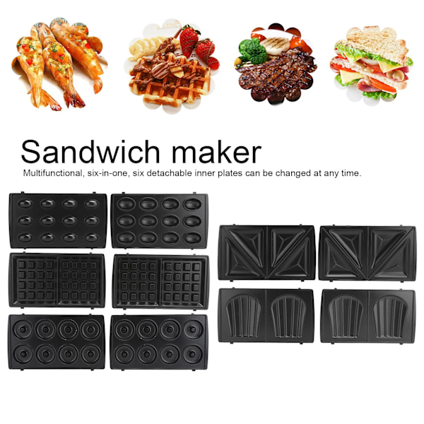 750W 6-i-1 Frukostmaskin Elektrisk Våffel Donut Sandwich Panini Madeleines Maskin EU-kontakt 220V