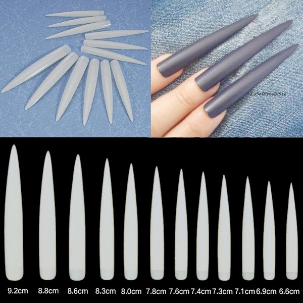 120 stk Stiletto Ekstra Lange Skarpe Kunstige Negletips Akryl Falske Negle for DIY Neglesalonger, 12 Størrelser