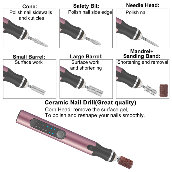 Nail Art borr och slipband set, elektriska nagelborrmaskin ersättningsbits för nagelfilning med 6 bits och 6 st slipband