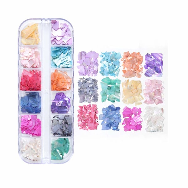 12 färger Nail Art Holografisk Glitter Shell Paljetter Iriserande sjöjungfruflingor Sticker Manikyr Nail Art Supplies