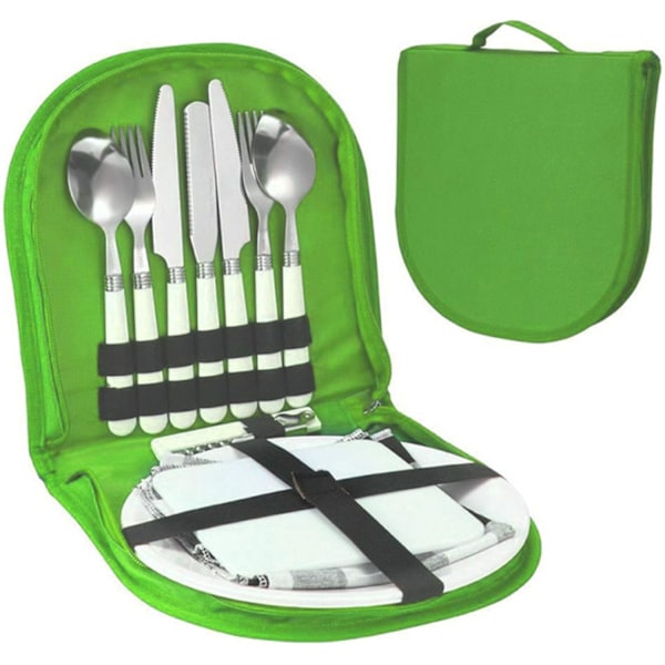 Picknick &amp; Campingkompis, Matlåda med Bestickorganisatör - Perfekt för Utomhusäventyr, Rostfri Tallrik &amp; Gaffel Servett, Canvas och
