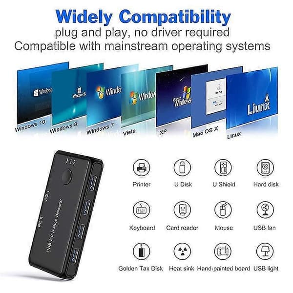 USB KVM Switch USB 3.0 Switcher KVM Switch for Windows PC Tastatur Mus Skriver 2 PC-er Deling 4 Enheter