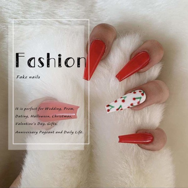 Fyrkantiga röda tryck på naglar Snöflinga glansiga falska naglar Kort cover Akryl lösnaglar för kvinnor och flickor till julfestivalen (paket med 24)