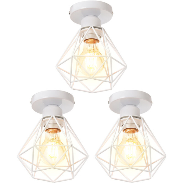 3 stk. Taklampe Bur Diamant E27 16cm Hvit Retro Industriell Hengelampe for Gang Trappe Soverom