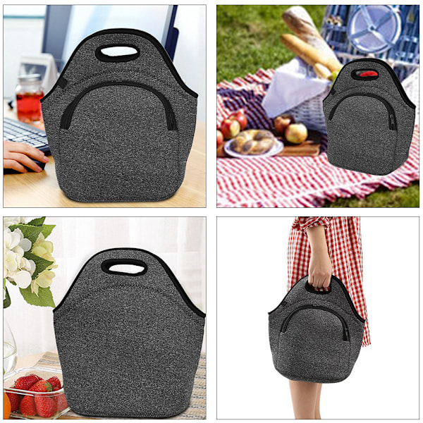 Bärbar Termisk Isolerad Lunchväska för Utomhusbruk Picknick Matpåse Handväska (Kolgrå)