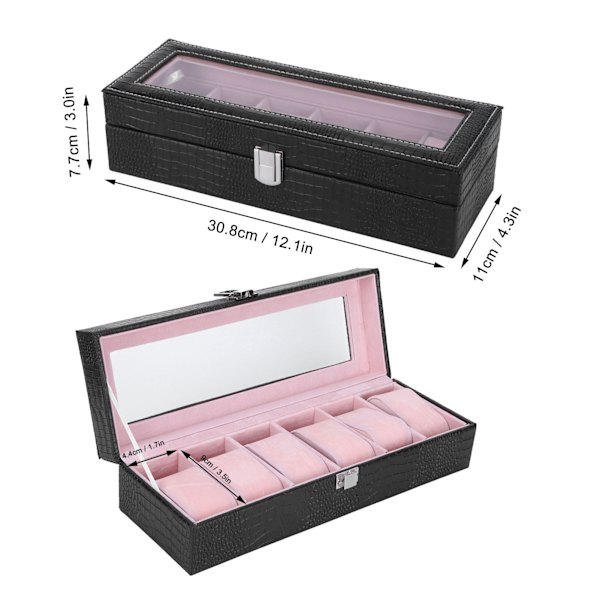 6-fack klocklåda PU-läder rektangulär armbandsur displayfodral arrangör present svart