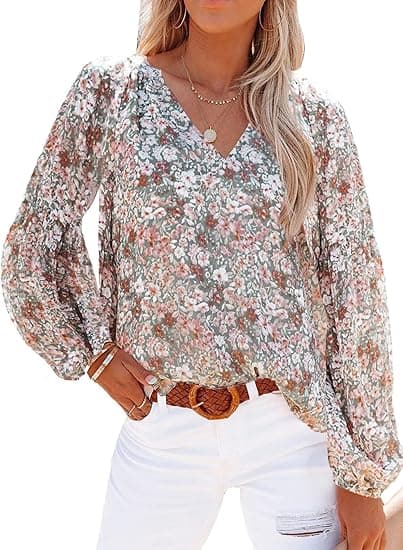 Kvindes Casual Boho Blomsterprint V-hals Langærmet Løse Bluser