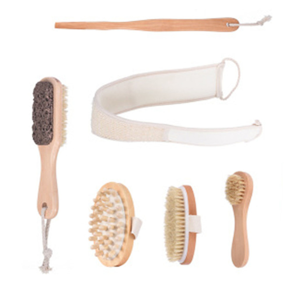 Torrborstning kroppsborste set lymfdränage & hud exfoliering - Naturborst spa kit - Långt handtag ryggskrubb, massageapparat & ansikts exfoliator