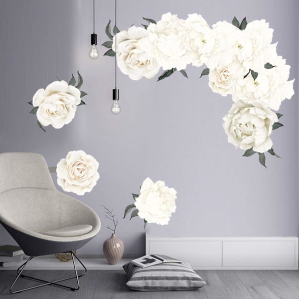 Hvite Peony Veggdekor Blomster Veggklistremerker for Soverom, Vann